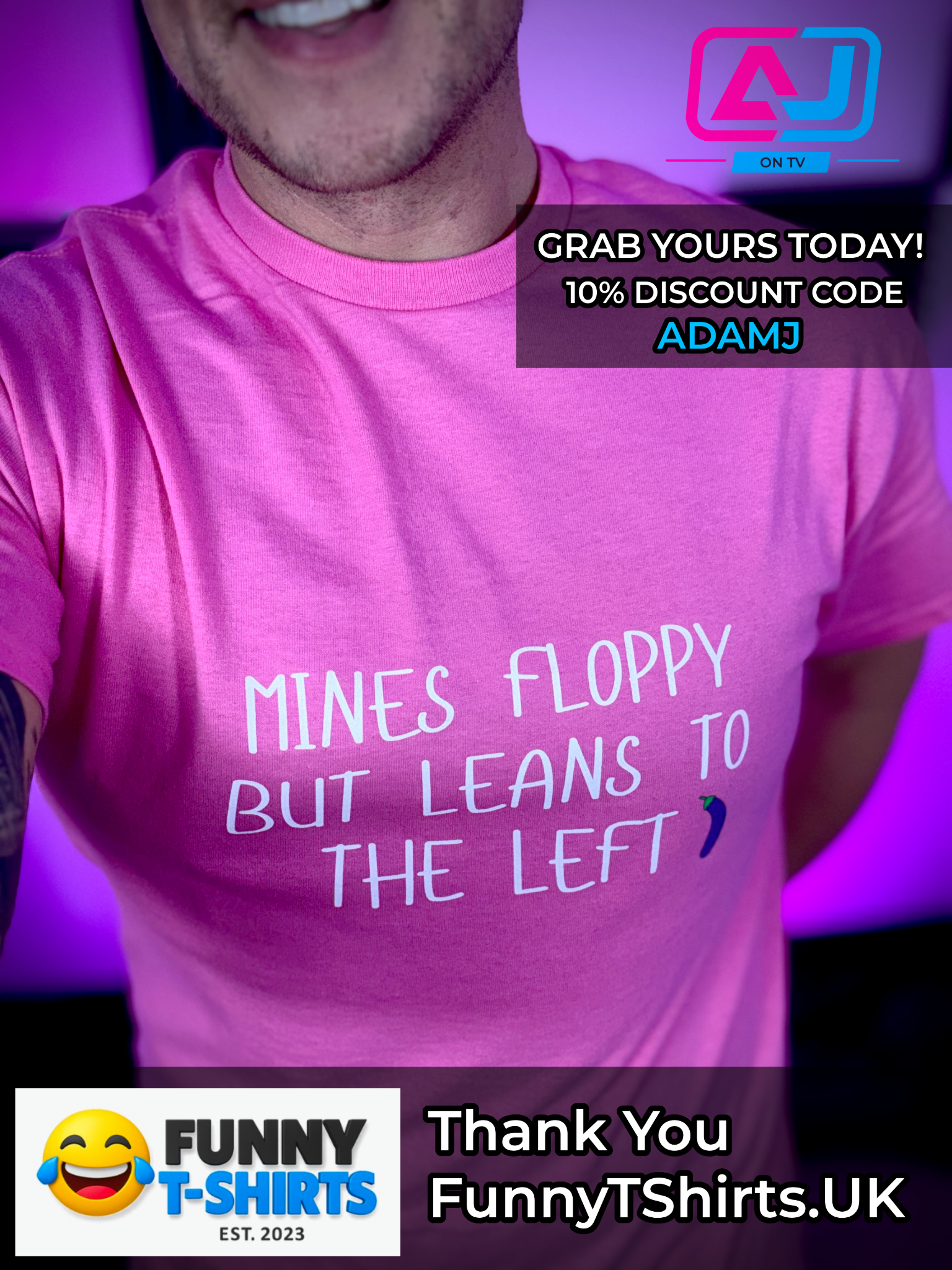 Adam James wearing FunnyTshirts.uk sponsored T-shirt